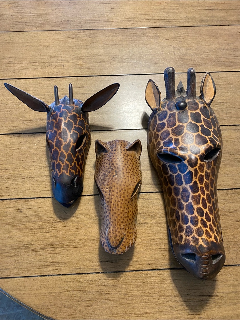 Set of 2 wooden Hand carved Brown Giraffes & one Cheetah Wall Masks from Kenya